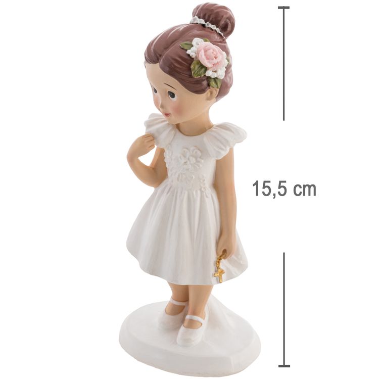 Kommunion Deko Tortenfigur für Kommunionskuchen Mädchen mit Kreuz 15,5 cm weiß Figur Kommunion Mädchen im weißen Kleid mit goldenem Kreuz und brauner Hochsteckfrisur mit Blüte im Haar von der Seite