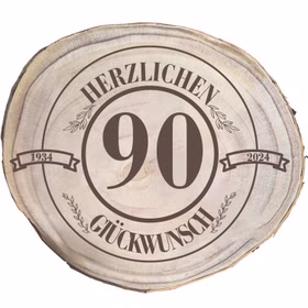 Baumscheibe Herzlichen Glückwünsch mit Wunschzahl-Gravur 30 cm Geburtstag Geschenkidee Jubiläum Deko dekorativ Freigestellte runde Baumscheibe aus Holz mit Gravur „Herzlichen Glückwunsch 90“ und Jahreszahlen 1934–2024.