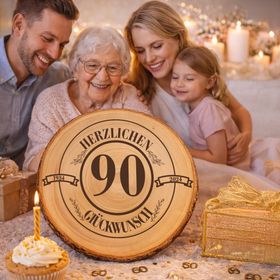 Glückliche ältere Frau mit Familie bei der Geburtstagsfeier, im Vordergrund eine Baumscheibe mit Gravur „Herzlichen Glückwunsch 90“.