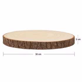 Baumscheibe Herzlichen Glückwünsch mit Wunschzahl-Gravur 30 cm Geburtstag Geschenkidee Jubiläum Deko dekorativ Seitliche Ansicht einer Baumscheibe aus Holz mit sichtbarer Rinde, dargestellt mit Maßen: ca. 30 cm Durchmesser und 2 cm Höhe.