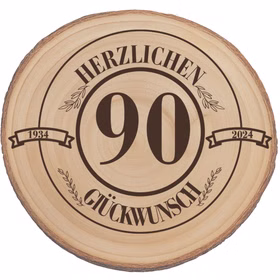 Baumscheibe Herzlichen Glückwünsch mit Wunschzahl-Gravur 30 cm Geburtstag Geschenkidee Jubiläum Deko dekorativ Runde Holz-Baumscheibe mit natürlicher Rinde und Gravur zum 90. Geburtstag, neutral freigestellt auf weißem Hintergrund.