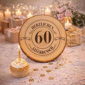 Glückliche ältere Frau mit Familie bei der Geburtstagsfeier, im Vordergrund eine Baumscheibe mit Gravur „Herzlichen Glückwunsch 90“.