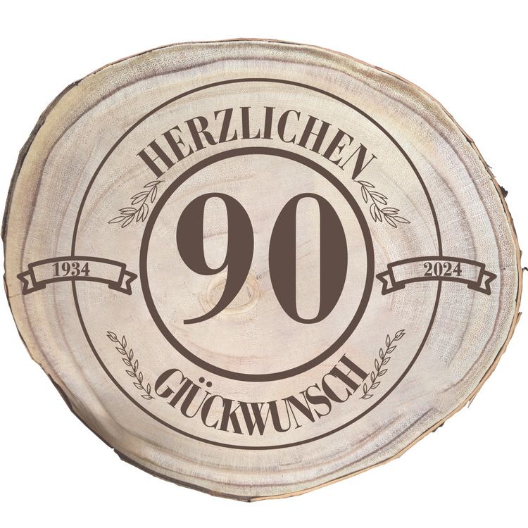 Baumscheibe Herzlichen Glückwünsch mit Wunschzahl-Gravur 30 cm Geburtstag Baumscheibe Herzlichen Glückwünsch mit Wunschzahl 60 in der Mitte und den Jahreszahlen 1964 und 2024 an den Seiten