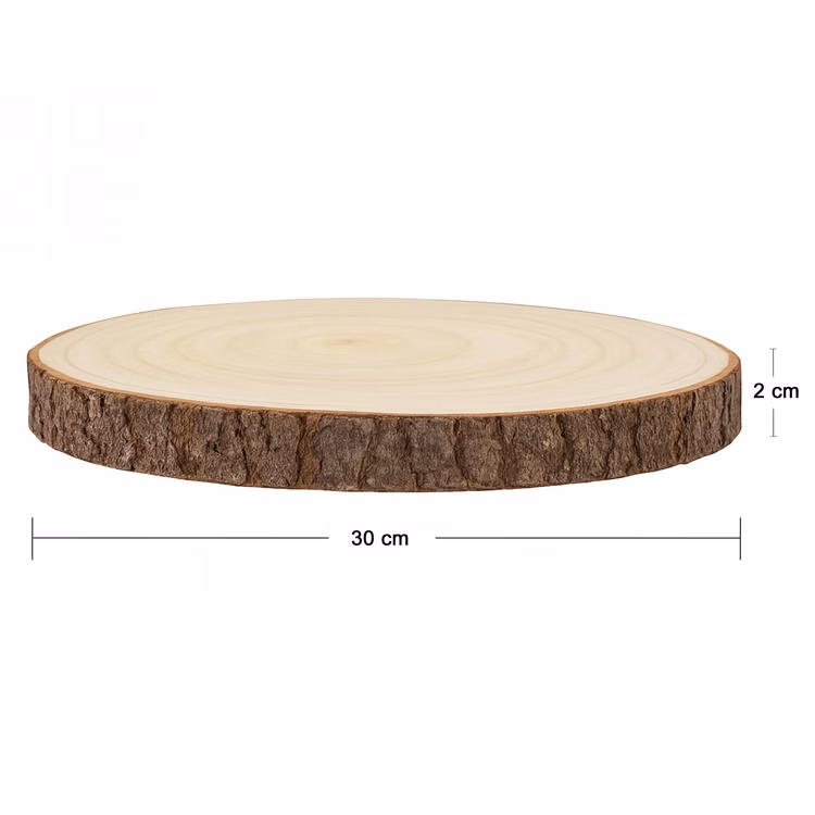 Baumscheibe Herzlichen Glückwünsch mit Wunschzahl-Gravur 30 cm Geburtstag Geschenkidee Jubiläum Deko dekorativ Seitliche Ansicht einer Baumscheibe aus Holz mit sichtbarer Rinde, dargestellt mit Maßen: ca. 30 cm Durchmesser und 2 cm Höhe.