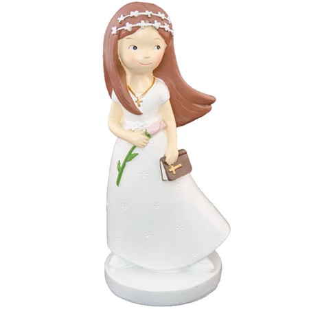 Kommunion Deko Tortenfigur für Kommunionskuchen Mädchen mit Blume 15 cm weiß