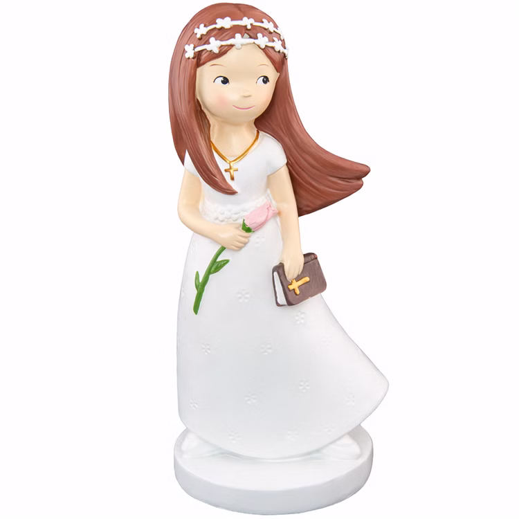Kommunion Deko Tortenfigur für Kommunionskuchen Mädchen mit Blume & Bibel 15 cm weiß Feier Party-Deko Party-Zubehör Erstkommunion Tortenfigur Kommunion Jugendweihe Tisch-Deko Figur Kommunion Mädchen im weißen Kleid mit langen, braunen Haaren Blume und Bibel in der Hand und mit weißem Blumenkranz im Haar vor weißem Hintergrund.
