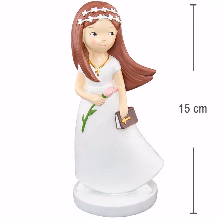 Kommunion Deko Tortenfigur für Kommunionskuchen Mädchen mit Blume & Bibel 15 cm weiß Feier Party-Deko Party-Zubehör Erstkommunion Tortenfigur Kommunion Jugendweihe Tisch-Deko Maßangaben Kommunionsfigur Mädchen Höhe 15,5 Zentimeter.