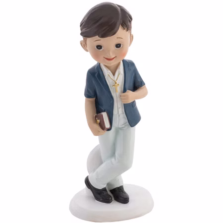 Kommunion Deko Tortenfigur für Kommunionskuchen Junge mit Kreuz 15 cm weiß blau Erstkommunion Jugendweihe Kommunions-Deko Tisch-Deko Dekoration Tortenfigur Kommunion Tortenfigur Junge mit Kreuz und Bibel – detailreiche Dekoration für Kommunionskuchen oder Tischdeko zur Erstkommunion.