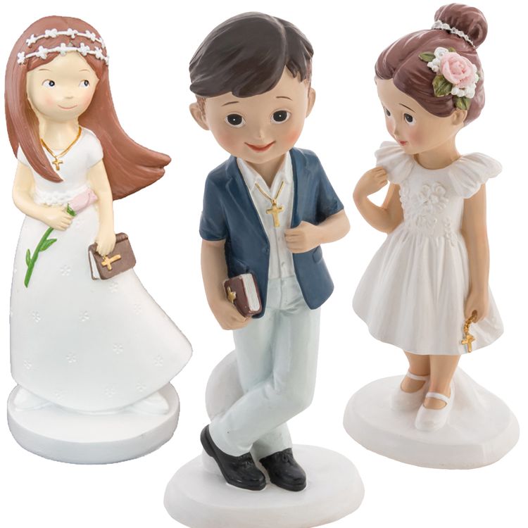 Kommunion Deko Tortenfigur für Kommunionskuchen Junge mit Kreuz 15 cm weiß blau