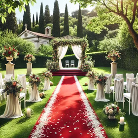 Roter Teppich 1 x 5 m luxuriös mit Samt-Touch roter Läufer Hochzeit Geburtstag Party-Zubehör Party-Accessoire Mottoparty Roter Teppichläufer aufgerollt im Garten und mit weißen Blüten bestreut