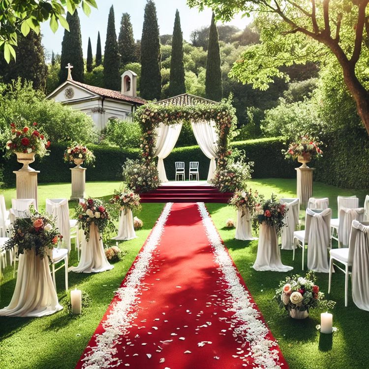 Roter Teppich 1 x 5 m luxuriös mit Samt-Touch roter Läufer Hochzeit Geburtstag Party-Zubehör Party-Accessoire Mottoparty Roter Teppichläufer aufgerollt im Garten und mit weißen Blüten bestreut