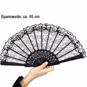 Schwarzer Spitzenfächer aufgeklappt in einer Hand von Vorne mit Maßangaben