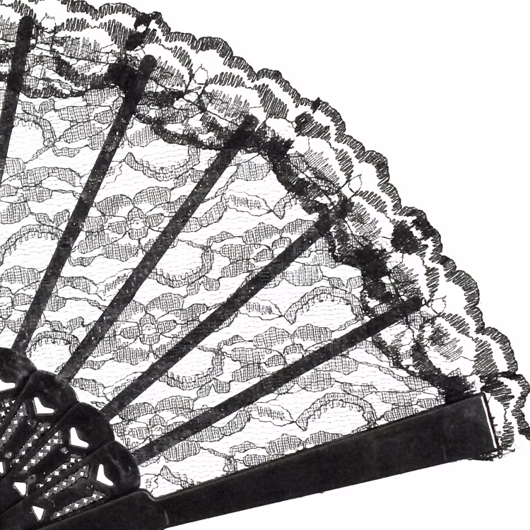 Fächer schwarz mit Spitze 45 cm Spannweite Gothic Barock Kostüm-Zubehör für Damen Fasching Karneval Mottoparty Accessoire Detailansicht schwarzer Spitzenfächer von Vorne im aufgeklappten Zustand