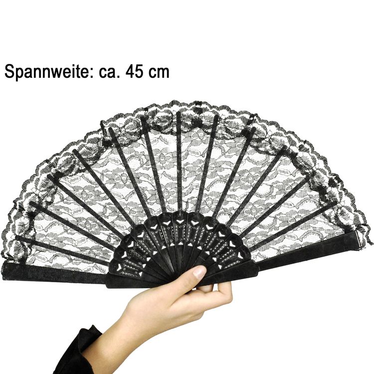 Schwarzer Spitzenfächer aufgeklappt in einer Hand von Vorne