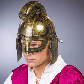 Römerhelm Bronzefarben aus Hartplastik für Erwachsene Kostüm-Zubehör Kopfbedeckung Helm Antike Legionär Fasching Karneval Mottoparty St. Martin Bronzefarbener Römerhelm für Herren mit klappbarem Visier seitlich von Vorne