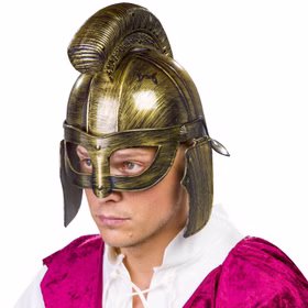 Römerhelm Bronzefarben aus Hartplastik für Erwachsene Kostüm-Zubehör Kopfbedeckung Helm Antike Legionär Fasching Karneval Mottoparty St. Martin Bronzefarbener Römerhelm für Herren mit klappbarem Visier seitlich von Vorne mit weißem Hintergrund
