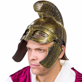 Römerhelm Bronzefarben aus Hartplastik für Erwachsene Kostüm-Zubehör Kopfbedeckung Helm Antike Legionär Fasching Karneval Mottoparty St. Martin Bronzefarbener Römerhelm für Herren mit Visier nach oben geklappt seitlich von Vorne mit weißem Hintergrund