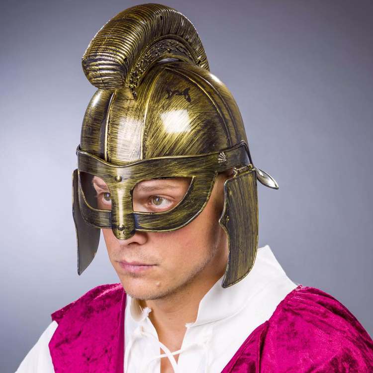 Römerhelm Bronzefarben aus Hartplastik für Erwachsene Kostüm-Zubehör Kopfbedeckung Helm Antike Legionär Fasching Karneval Mottoparty St. Martin Bronzefarbener Römerhelm für Herren mit klappbarem Visier seitlich von Vorne