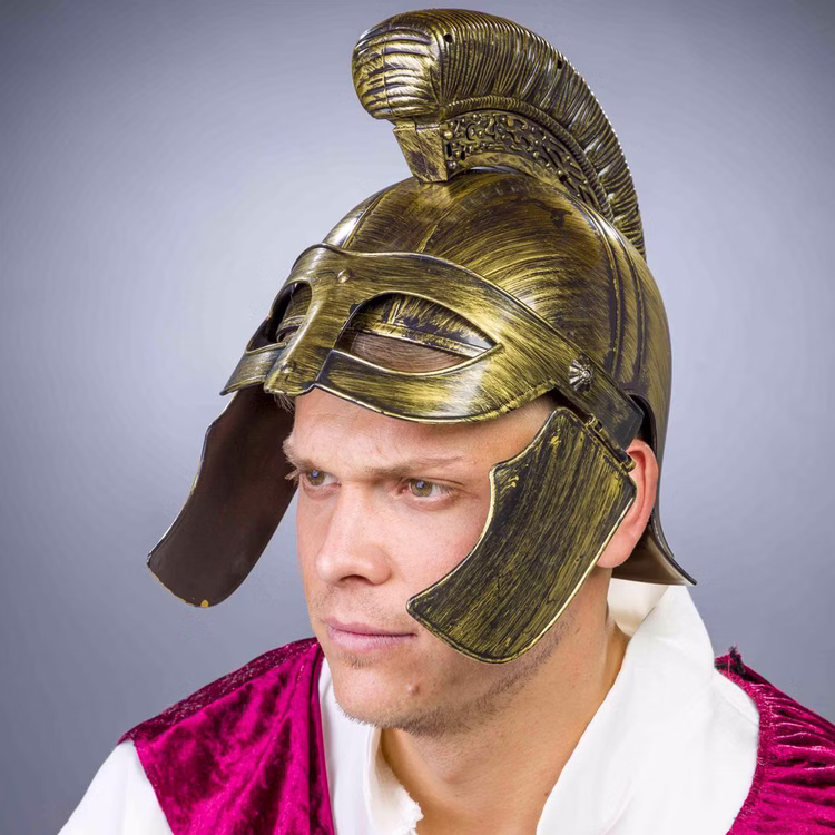 Römerhelm Bronzefarben aus Hartplastik für Erwachsene Kostüm-Zubehör Kopfbedeckung Helm Antike Legionär Fasching Karneval Mottoparty St. Martin Bronzefarbener Römerhelm für Herren mit Visier nach oben geklappt seitlich von Vorne