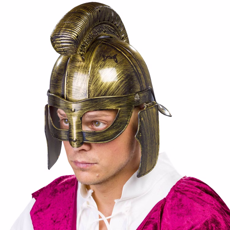 Römerhelm Bronzefarben aus Hartplastik für Erwachsene Kostüm-Zubehör Kopfbedeckung Helm Antike Legionär Fasching Karneval Mottoparty St. Martin Bronzefarbener Römerhelm für Herren mit klappbarem Visier seitlich von Vorne mit weißem Hintergrund
