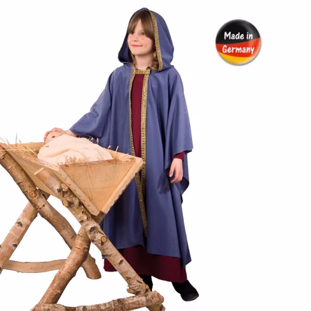 Krippenspiel Kostüm Maria Kleid & Kapuzenumhang für Kinder Gr. 116-152 mehrfarbig Fasching Karneval Mottoparty Weihnachten Krippenspiel Kostüm Maria für Kinder von Vorne an einer Krippe stehend mit Symbolhinweis made in Germany