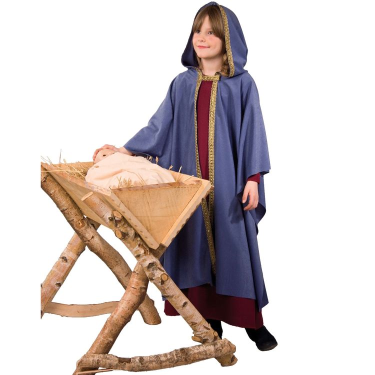 Krippenspiel Kostüm Maria für Kinder von Vorne an einer Krippe stehend mit Symbolhinweis made in Germany