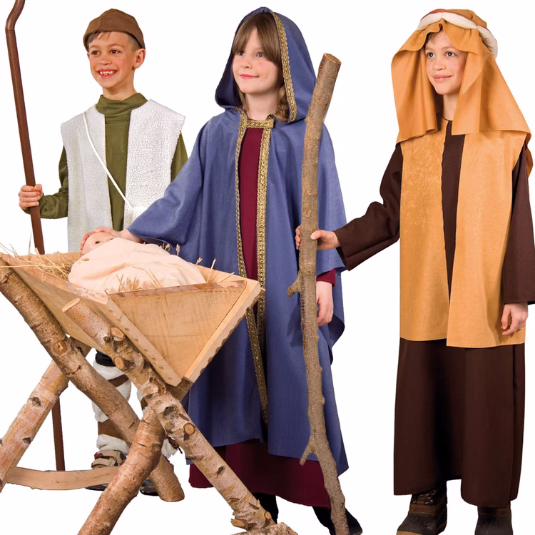 Krippenspiel Kostüm Josef für Kinder Gr. 116-152 braun Hirte Weihnachten Fasching Karneval Mottoparty Josefkostüm Krippenspiel Kostüm Josef für Kinder von Vorne an einer Krippe stehend mit Maria und einem Hirten