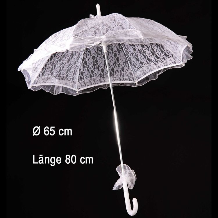 Weißer Spitzenschirm aufgespannt mit 65 Zentimeter Durchmesser und weißem Kunststoffgriff von Vorne