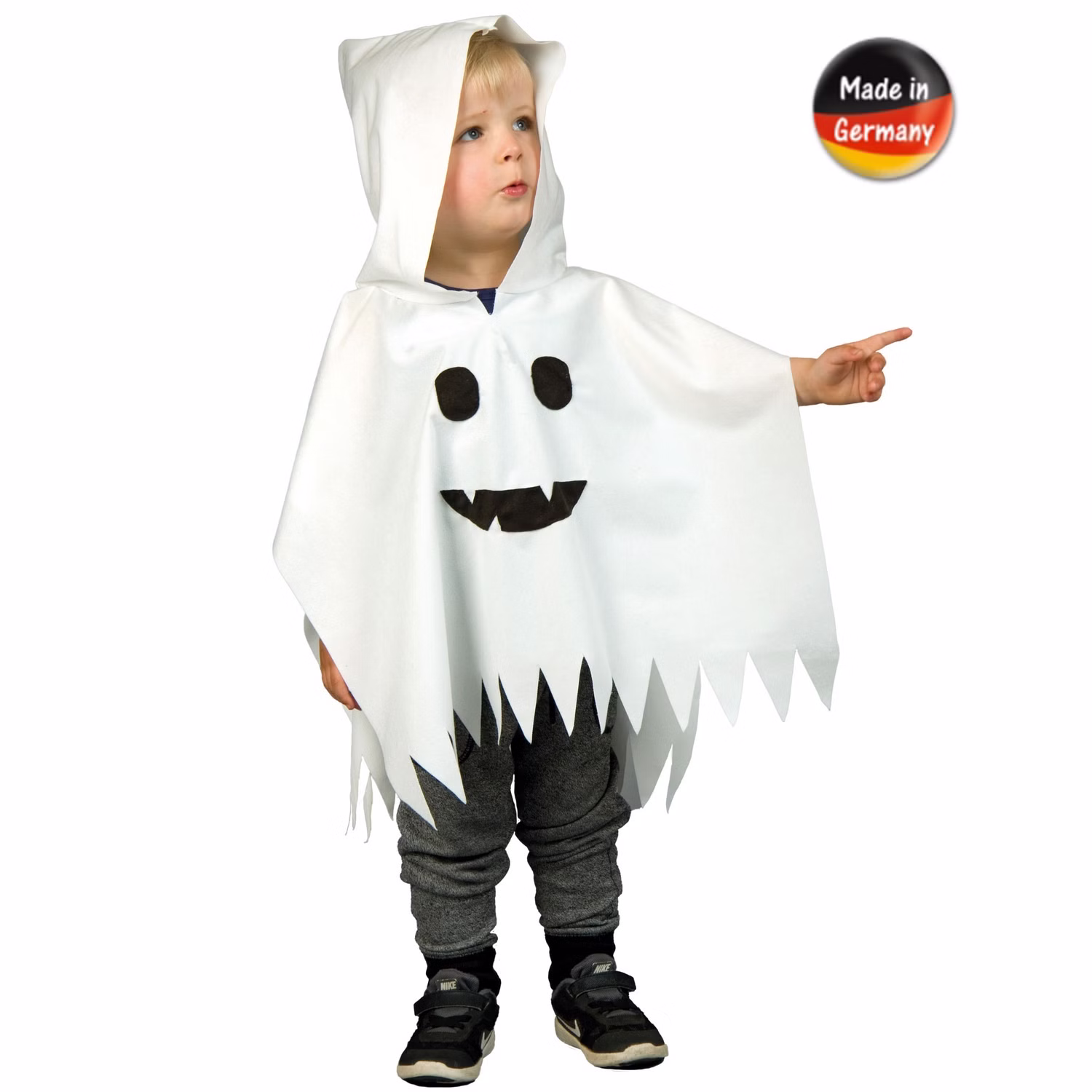 Halloween Kostüm Gespenst Kleiner Polter-Geist für Kinder Gr. 92-104 weiß Umhang mit Kapuze Fasching Karneval Mottoparty Halloween Kostüm Gespenst Kleiner Polter-Geist für Kinder von Vorne mit Made in Germany-Symbol