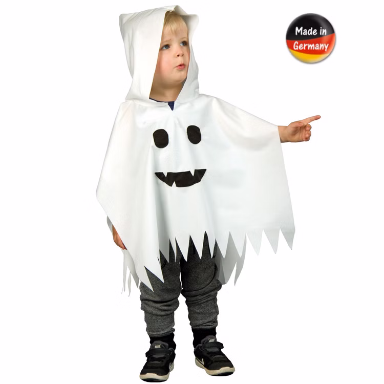 Halloween Kostüm Gespenst Kleiner Polter-Geist für Kinder Gr. 92-104 weiß Umhang mit Kapuze Fasching Karneval Mottoparty Halloween Kostüm Gespenst Kleiner Polter-Geist für Kinder von Vorne mit Made in Germany-Symbol