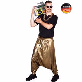 Ballonhose mit tiefem Schritt Gold Hip Hop 90er für Erwachsene Gr. S-XL Fasching Karneval Mottoparty Ballonhose mit tiefem Schritt Gold Hip Hop 90er für Erwachsene mit Made in Germany Logo von Vorne
