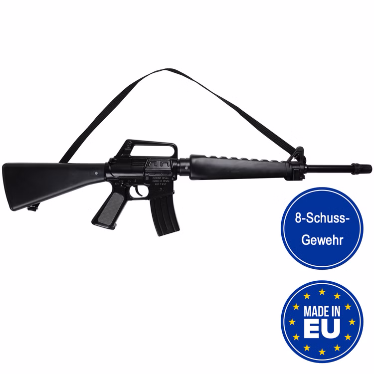 Sturmgewehr Schwarz 71 cm lang M118 Metallgehäuse 8 Schuss Gewehr Kostüm-Zubehör Kinder-Spielzeug Maschinengewehr Gangster Mafia Militär Accessoire Spielzeug Sturmgewehr Schwarz M118 von der Seite mit den Hinweisen 8-Schuss-Gewehr und Made in EU