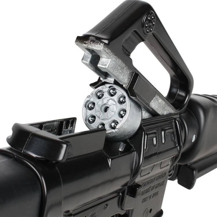 Spielzeug Sturmgewehr Schwarz M118 von der Seite mit den Hinweisen 8-Schuss-Gewehr und Made in EU