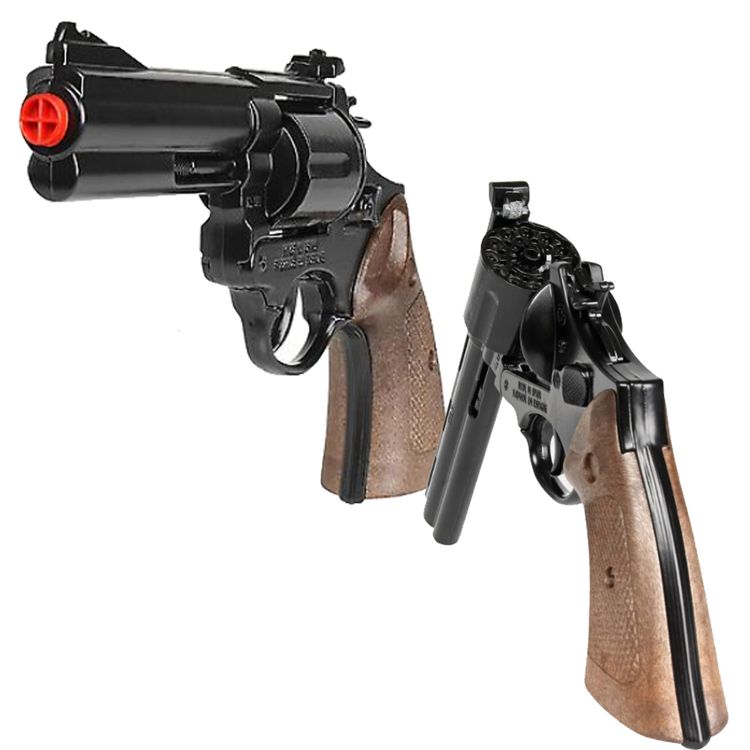 Revolver Polizei Schwarz Braun 22 cm lang Metallgehäuse 12 Schuss