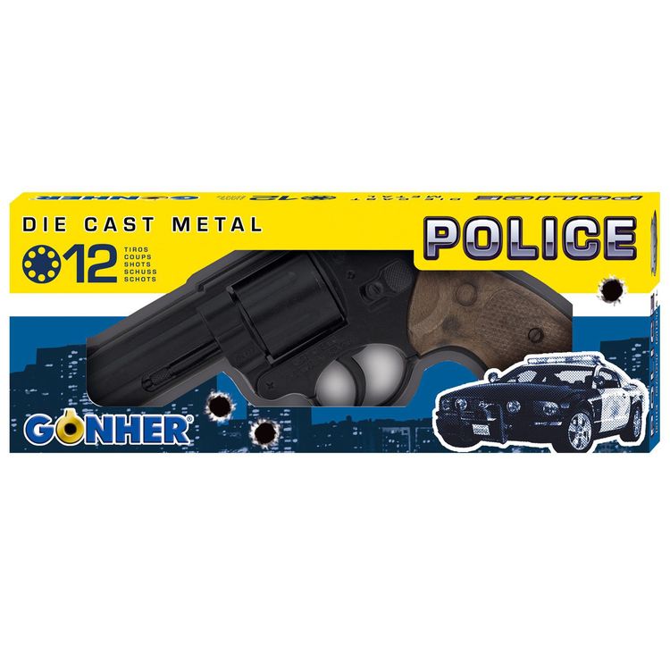 Revolver Polizei Schwarz Braun 22 cm lang Metallgehäuse 12 Schuss