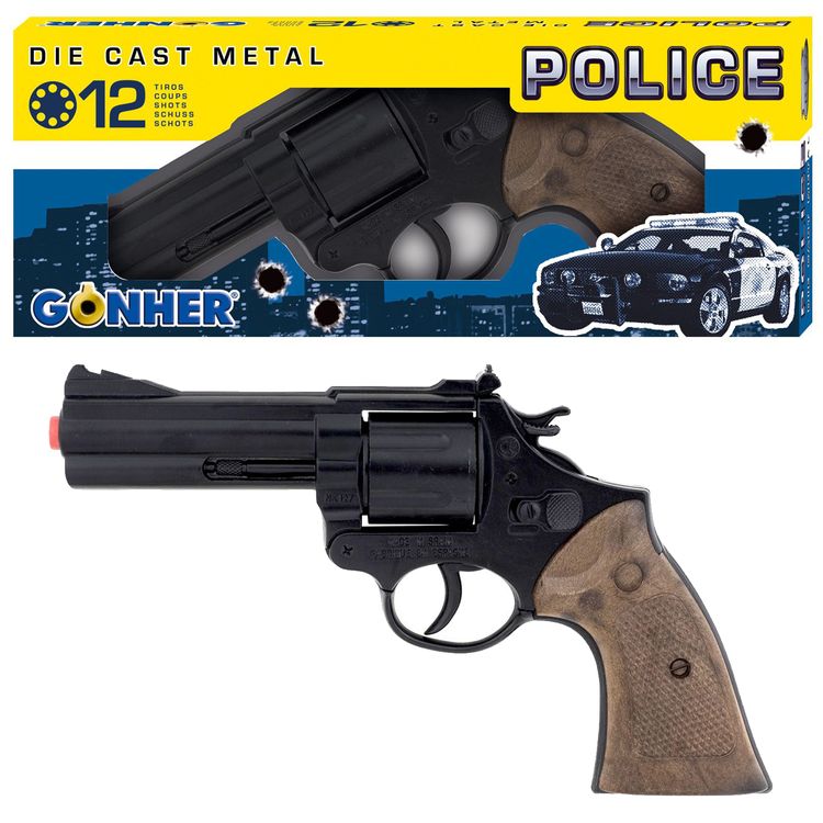 Revolver Polizei Schwarz Braun 22 cm lang Metallgehäuse 12 Schuss