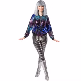 Disco Kostüm Paillettenjacke 80er 90er für Damen Gr. 34-44 Blau Lila Kostüm-Zubehör Paillettenjacke Fasching Karneval Mottoparty Disco Kostüm Paillettenjacke für Damen von Vorne mit überkreuzten Beinen