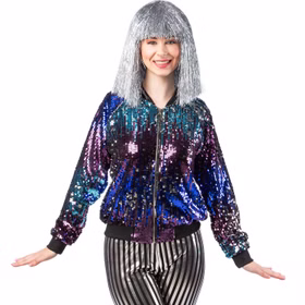 Disco Kostüm Paillettenjacke 80er 90er für Damen Gr. 34-44 Blau Lila Kostüm-Zubehör Paillettenjacke Fasching Karneval Mottoparty Nahaufnahme Disco Kostüm Paillettenjacke für Damen von Vorne