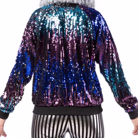 Disco Kostüm Paillettenjacke 80er 90er für Damen Gr. 34-44 Blau Lila Kostüm-Zubehör Paillettenjacke Fasching Karneval Mottoparty Nahaufnahme Disco Kostüm Paillettenjacke für Damen von Hinten