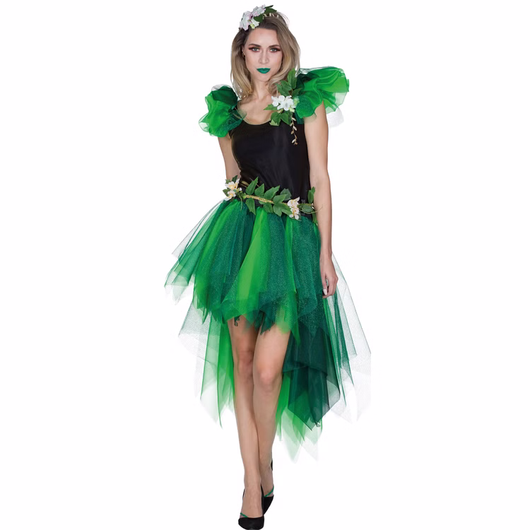 Waldfee Kostüm Fee Elvina für Damen Gr. 36-44 grün Märchen Fasching Karneval Mottoparty Waldfee Kostüm Fee Elvina von Vorne mit dekorativen Blumen geschmückt
