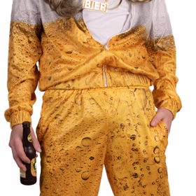 Bier Kostüm Trainingsanzug Bierkönig Lutzi für Herren Gr. 48-58 Party-Outfit 90er Fasching Karneval Mottoparty Bier Kostüm Trainingsanzug Bierkönig Lutzi für Herren Nahaufnahme Oberteil und Hose von Vorne