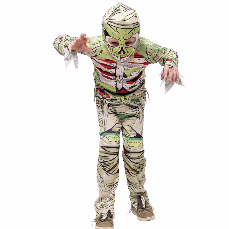 Halloween Kostüm Grüne Mumie Slimy für Kinder Gr. 104-140 Grusel-Party Halloween Fasching Karneval Kindergeburtstag Mottoparty Halloween Kostüm Grüne Mumie Slimy für Kinder in gebückter Zombie-Haltung von Vorne