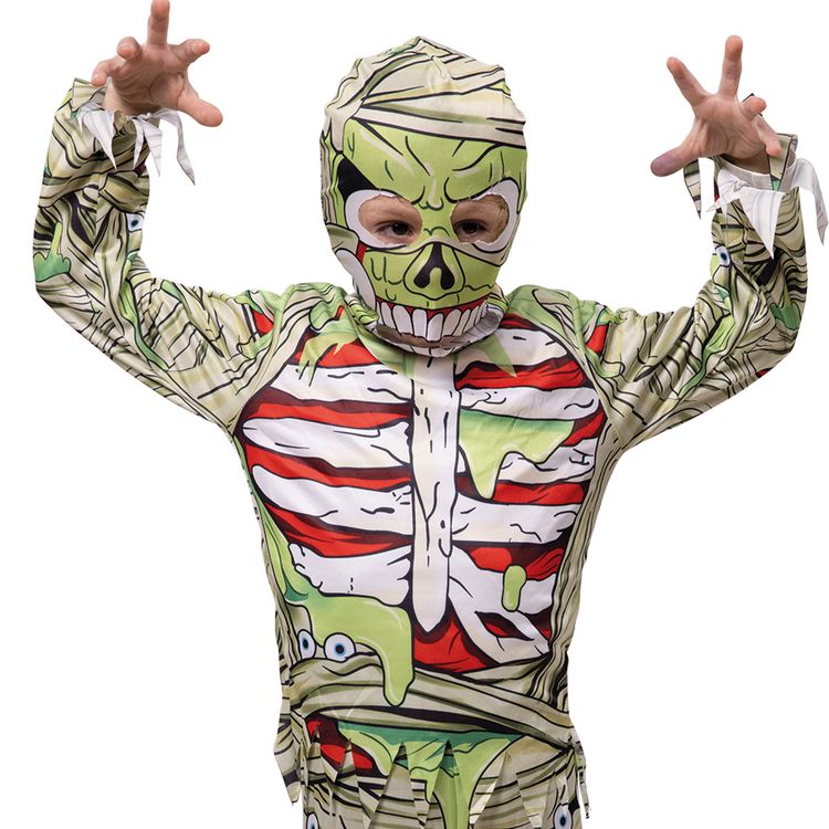 Halloween Kostüm Grüne Mumie Slimy für Kinder Halloween Kostüm Grüne Mumie Slimy für Kinder mit erhobenen Armen von Vorne