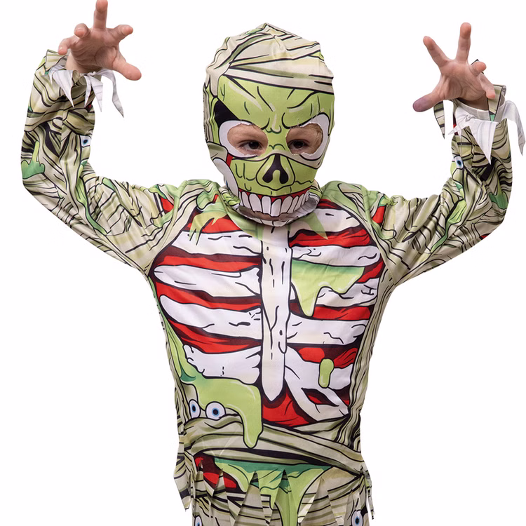 Halloween Kostüm Grüne Mumie Slimy für Kinder Gr. 104-140 Grusel-Party Halloween Fasching Karneval Kindergeburtstag Mottoparty Nahaufnahme Halloween Kostüm Grüne Mumie Slimy für Kinder mit erhobenen Armen von Vorne