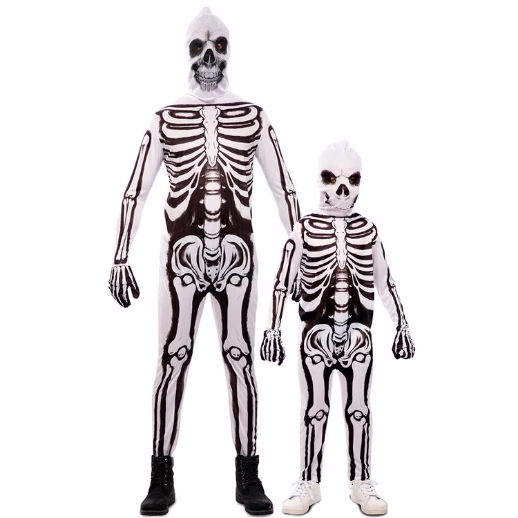 Skelett Kostüm Mr. Bones Halloween für Herren Gr. 48-52 Schwarz Weiß Fasching Karneval Mottoparty Skelett Kostüm für Herren und für Kinder zusammen nebeneinanderstehend von Vorne.