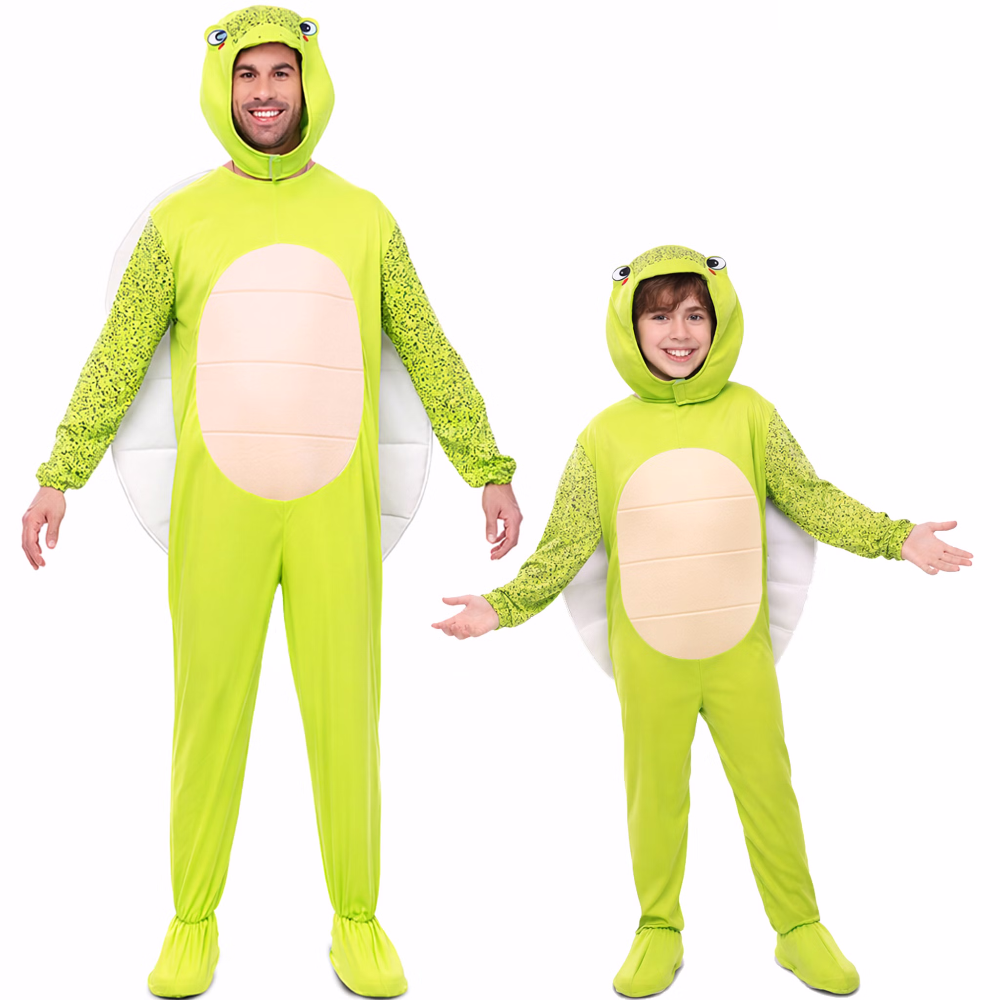 Schildkröten Kostüm Crush für Herren Gr. 48-52 Grün Tier Tierkostüm Fasching Karneval Mottoparty Familienkostüm Gruppenkostüm Paarkostüm Schildkröten Kostüm Crush für Herren und links daneben Schildkröten Kostüm für Kinder von Vorne