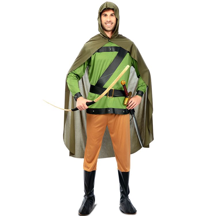 Robin Hood Kostüm Jäger des Waldes für Herren Robin Hood Kostüm Jäger des Waldes für Herren von Vorne mit gestützten Armen auf der Hüfte und Schwert