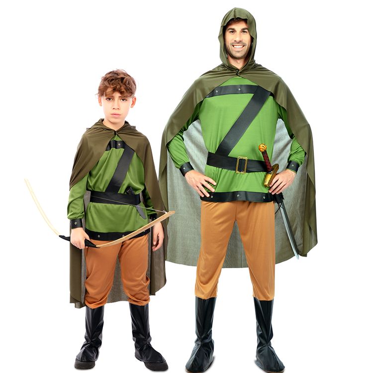 Robin Hood Kostüm Jäger des Waldes für Herren Robin Hood Kostüm Jäger des Waldes für Herren von Vorne mit gestützten Armen auf der Hüfte und Schwert