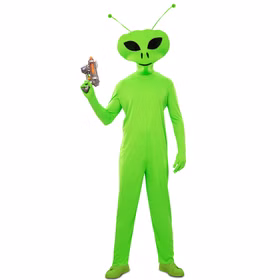 Alien Kostüm Grünes Marsmännchen für Herren Gr. M/L Außerirdischer Fasching Karneval Mottoparty Alien Kostüm Grünes Marsmännchen für Herren von Vorne mit Space-Pistole in der rechten Hand