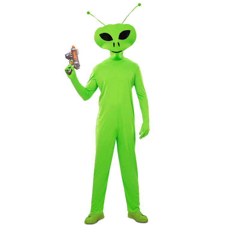 Alien Kostüm Grünes Marsmännchen für Herren Gr. M/L Außerirdischer Fasching Karneval Mottoparty Alien Kostüm Grünes Marsmännchen für Herren von Vorne mit Space-Pistole in der rechten Hand